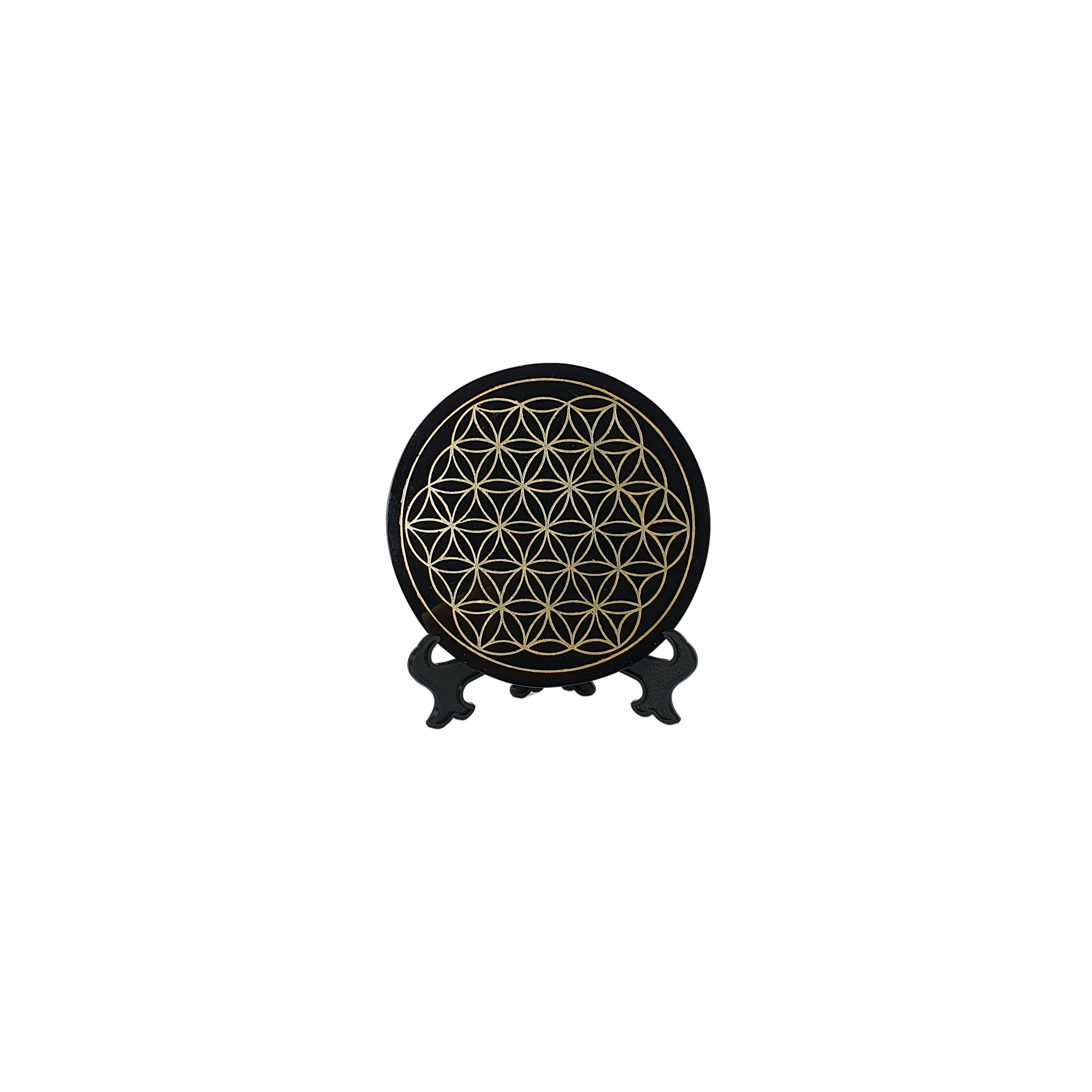 Espejo de la flor de la vida en cristal de obsidiana con geometría sagrada